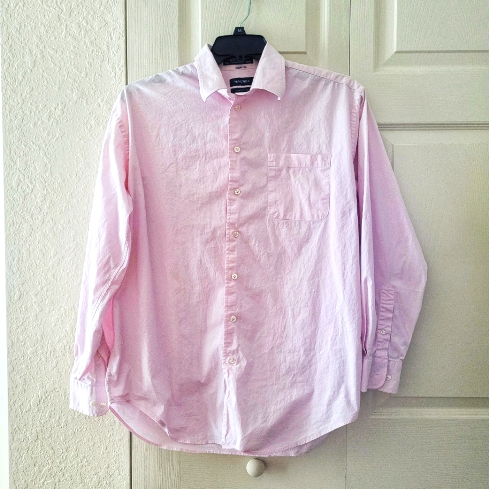 Nautica Collared Long-Sleeved Pink Cotton Button-up Dress Shirt 16 1/2